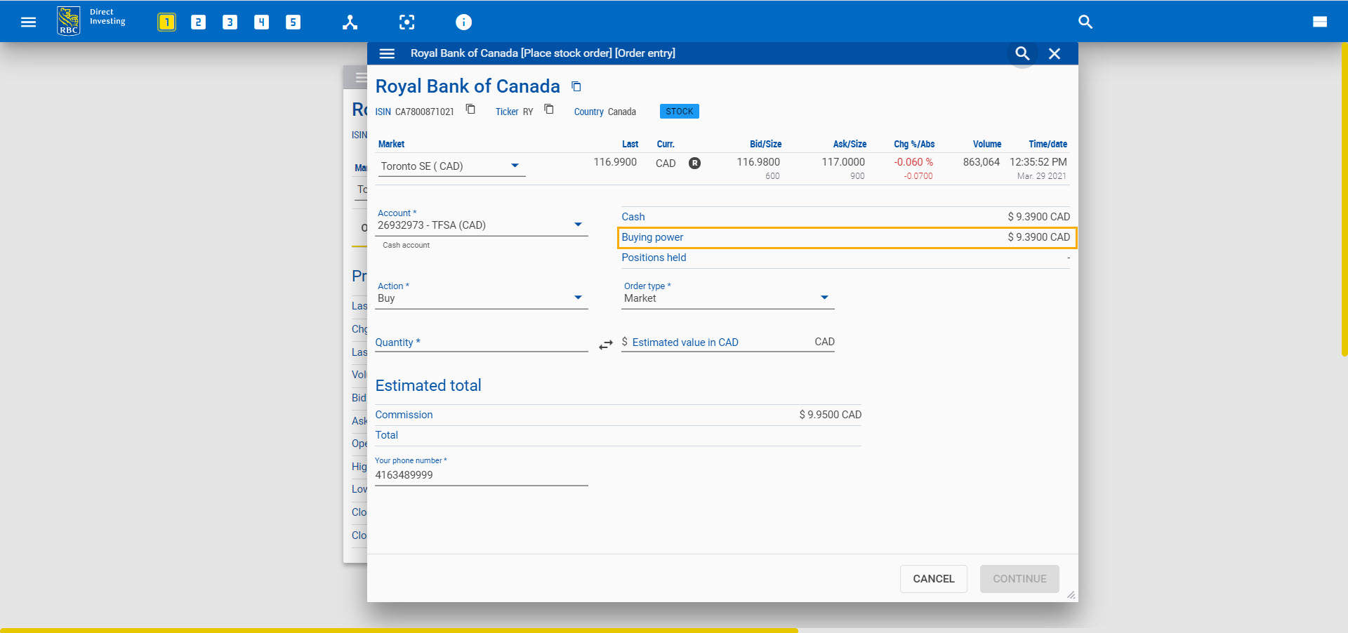 Order entry form with the buying power highlighted. 